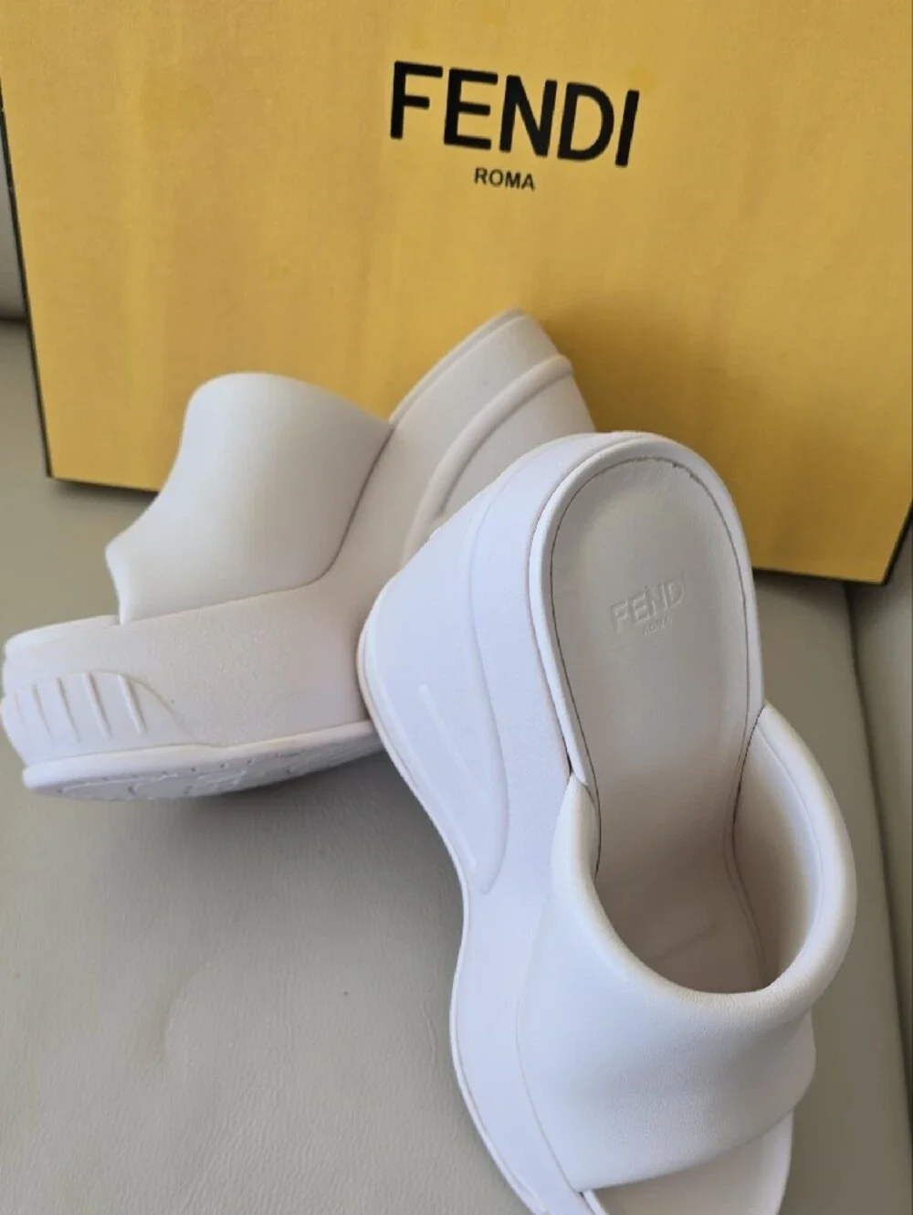 Fendi Cream Leather Platform Slide Wedges